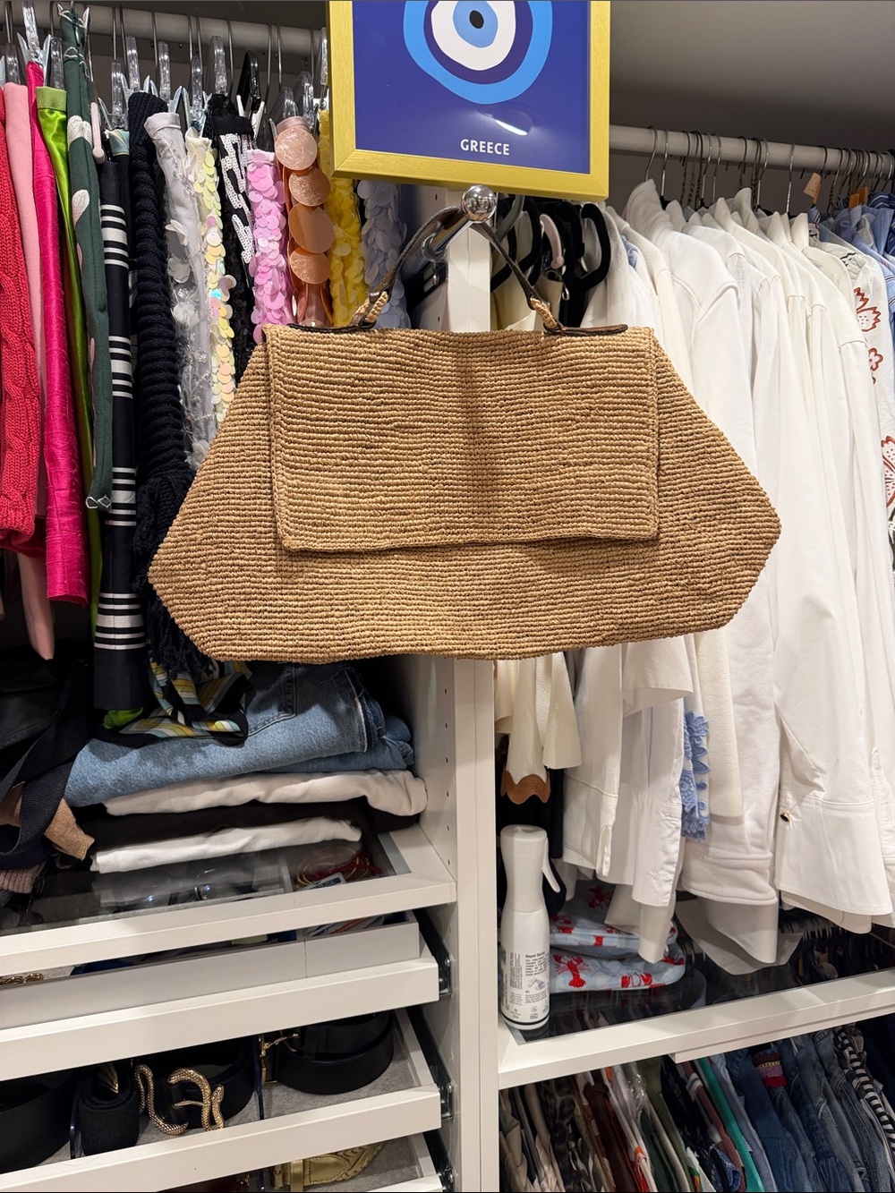 Handwoven Tan Straw Tote Bag with Top Leather Handle